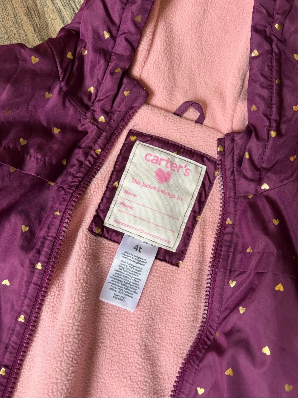 Carter's Maroon Hooded Jacket with Gold Heart Accents